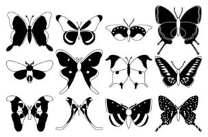 conjunto vectorial de mariposas en un fondo blanco, dibujando insectos decorativos, dibujo a mano de siluetas, vector aislado