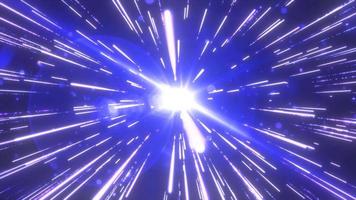 Abstract blue flying stars bright glowing in space with particles and magical energy lines in a tunnel in open space with sun rays. Abstract background. Video in high quality 4k, motion design