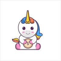 cute unicorn carrying dollar coin vector