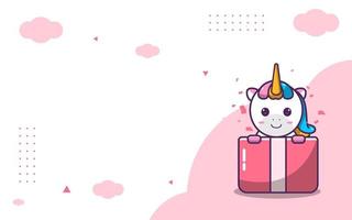 lindo fondo de lindo personaje de unicornio, unicornio saliendo de un regalo de cumpleaños, adecuado para redes sociales y publicaciones comerciales vector