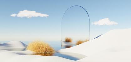 Abstract Dune in winter season landscape with geometric arch. Surreal Beautiful Dream land background. Relax and Clam island scene with water and natural clear sky. Metallic mirror arch. 3d render. photo
