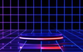 Podium backgrounds stage platform with glowing neon for product presentation and mock up. Minimal scene backdrop with clean design. Vacant pedestal for mock up. Empty stage for cosmetic. 3D render. photo