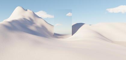 Abstract Dune cliff sand with metallic Arches and clean blue sky. Surreal minimal Desert natural landscape background. Scene of Desert with glossy metallic arches geometric design. 3D Render. photo