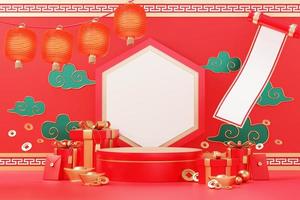 Happy Chinese new year 2023 with the year of Rabbit. Traditional Podium for showing product. Lunar new year red background decorate with Chinese texture, gold, coins, and zodiac sign. 3D render. photo