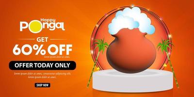 Happy Pongal Festival Offer Banner Design Offer. 3D Pongal Mud Pot vector