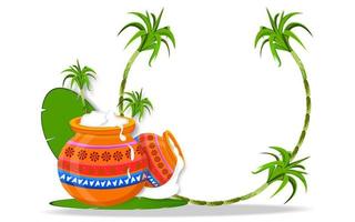 ilustración de la hermosa olla pongal y la caña de azúcar en la hoja de plátano para el feliz festival de la cosecha navideña pongal en el sur de la india. marco de caña de azúcar vector