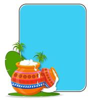 diseño de banner del festival de la cosecha feliz pongal del sur de la india. ilustración de una hermosa olla pongal y caña de azúcar en hoja de plátano. vector