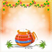 South Indian happy Pongal harvest celebration festival greeting background. Colorful flower garland and Pongal pot with sugarcane on beautiful bokeh effect background. vector