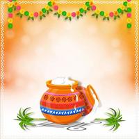 fondo de saludo del festival de celebración de la cosecha pongal feliz del sur de la india. guirnalda de flores de colores y olla pongal con caña de azúcar sobre un hermoso fondo de efecto bokeh. vector