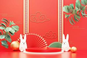 Happy Chinese new year 2023 with the year of Rabbit. Traditional Podium for showing product. Lunar new year red background decorate with Chinese texture, gold, coins, and zodiac sign. 3D render. photo