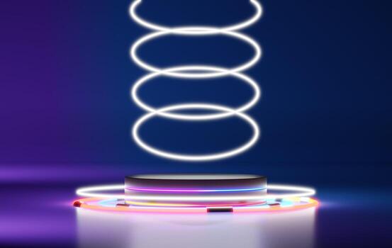 Podium backgrounds stage platform with glowing neon for product presentation and mock up. Minimal scene backdrop with clean design. Vacant pedestal for mock up. Empty stage for cosmetic. 3D render. photo
