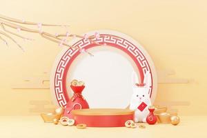 Happy Chinese new year 2023 with the year of Rabbit. Traditional Podium for showing product. Lunar new year red background decorate with Chinese texture, gold, coins, and zodiac sign. 3D render. photo