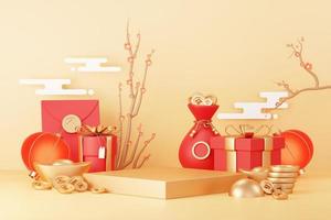 Happy Chinese new year 2023 with the year of Rabbit. Traditional Podium for showing product. Lunar new year red background decorate with Chinese texture, gold, coins, and zodiac sign. 3D render. photo