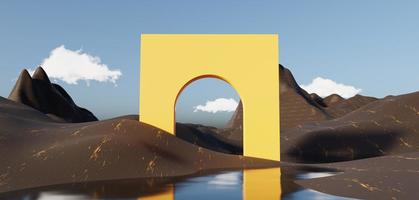 Abstract Dune cliff sand with metallic Arches and clean blue sky. Surreal minimal Desert natural landscape background. Scene of Desert with glossy metallic arches geometric design. 3D Render. photo