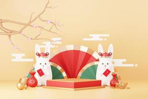 Happy Chinese new year 2023 with the year of Rabbit. Traditional Podium for showing product. Lunar new year red background decorate with Chinese texture, gold, coins, and zodiac sign. 3D render. photo
