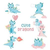 Set of cute little dragons on white background for kids fashion artworks, children books, birthday invitations, greeting cards, posters. Fantasy cartoon vector illustration. Vector file.