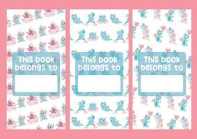 Vector set of bookmarks for children with dragon and unicorn theme. Cute characters on pastel color background. Vertical layout card template. Printable template for kids. Stationery for kids.