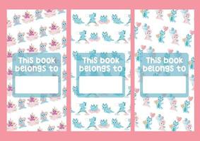 Vector set of bookmarks for children with dragon and unicorn theme. Cute characters on pastel color background. Vertical layout card template. Printable template for kids. Stationery for kids.