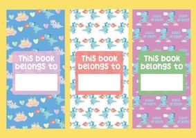 Vector set of bookmarks for children with dragon and unicorn theme. Cute characters on pastel color background. Vertical layout card template. Printable template for kids. Stationery for kids.