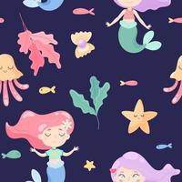 Vector seamless pattern with cute mermaids, jellyfishes, seaweed, fishes, starfish and pearl oyster on a deep blue background