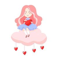 linda chica de pelo rosa sosteniendo un corazón rojo y sentada en una nube rosa de la que cuelgan pequeños corazones vector