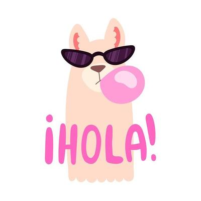 Cool cartoon style llama in sunglasses inflates a bubble of pink gum with hola sign