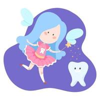 Vector image of a cute cartoon style tooth fairy with a magic wand and a tooth