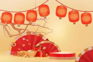 Happy Chinese new year 2023 with the year of Rabbit. Traditional Podium for showing product. Lunar new year red background decorate with Chinese texture, gold, coins, and zodiac sign. 3D render. photo