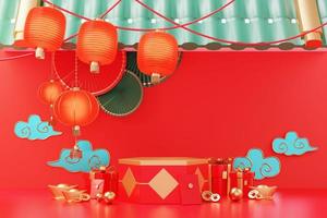 Happy Chinese new year 2023 with the year of Rabbit. Traditional Podium for showing product. Lunar new year red background decorate with Chinese texture, gold, coins, and zodiac sign. 3D render. photo