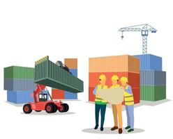 logística y envío de camiones de contenedores en el puerto de barcos para contenedores de negocios y aviones de carga con puente de grúa trabajando en el astillero al amanecer, logística de importación, exportación y envío vector