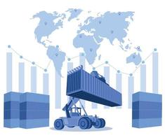 logística y envío de camiones de contenedores en el puerto de barcos para contenedores de negocios y aviones de carga con puente de grúa trabajando en el astillero al amanecer, logística de importación, exportación y envío vector