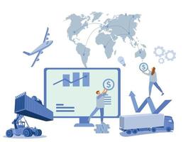 logística y envío de camiones de contenedores en el puerto de barcos para contenedores de negocios y aviones de carga con puente de grúa trabajando en el astillero al amanecer, logística de importación, exportación y envío