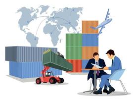 logística y envío de camiones de contenedores en el puerto de barcos para contenedores de negocios y aviones de carga con puente de grúa trabajando en el astillero al amanecer, logística de importación, exportación y envío