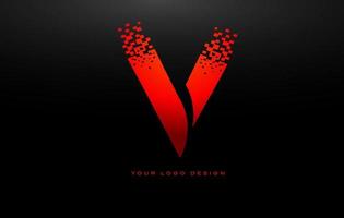 v diseño de logotipo de letra inicial con píxeles digitales en colores rojos. vector