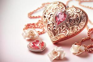 Close up shot of heart jewelry for Valentine's Day background with copy space. Gift ideas for Valentine. photo