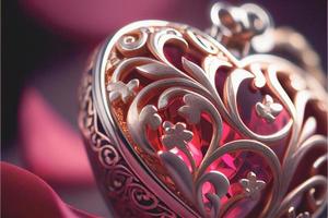 Close up shot of heart jewelry for Valentine's Day background with copy space. Gift ideas for Valentine. photo