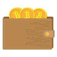 Illustration of a bitcoin wallet. A way to pay with digital money, The concept of cryptocurrency mining. Digital currency wallet. Flat style vector illustration