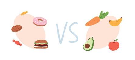 Healthy and unhealthy food Concept. Choice between nutrition. Fastfood, snack, sweet and fat eating versus fructs set. Flat vector illustration