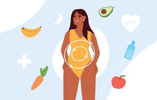 Diet and metabolism concept. Health food, dietary supplements, good digestion, female hormones, preventive medicine. Flat vector illustration