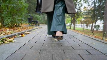 Unrecognizable Beautiful Legs Business Woman in High-Heeled Shoes and Wide Trousers Walk along Alley on Cloudy Autumnal Day. Stylish Businesswoman Walking in Autumn Park. Close-up, Slow Motion. video