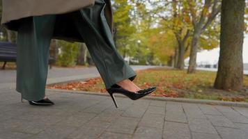 una mujer de negocios irreconocible de piernas hermosas con zapatos de tacón alto y pantalones anchos camina por un callejón en un día otoñal nublado. mujer de negocios con estilo caminando en el parque de otoño. primer plano, cámara lenta. video