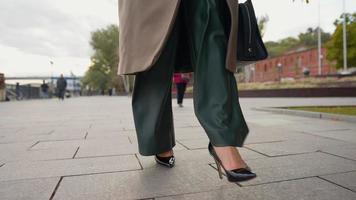 una mujer de negocios irreconocible de piernas hermosas con zapatos de tacón alto y pantalones anchos camina por un callejón en un día otoñal nublado. mujer de negocios con estilo caminando en el parque de otoño. primer plano, cámara lenta. video