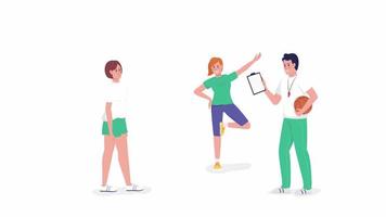 clase de educación física animada. Ejercicio de calentamiento de baloncesto. personas planas de cuerpo completo sobre fondo blanco con transparencia de canal alfa. imágenes de video hd de estilo de dibujos animados coloridos de personajes para animación