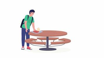 Animated choosing table for lunch. School cafeteria. Full body flat person on white background with alpha channel transparency. Colorful cartoon style HD video footage of character for animation