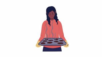 Animated disillusioned woman. Burnt pastry. Full body flat person on white background with alpha channel transparency. Colorful cartoon style HD video footage of character for animation