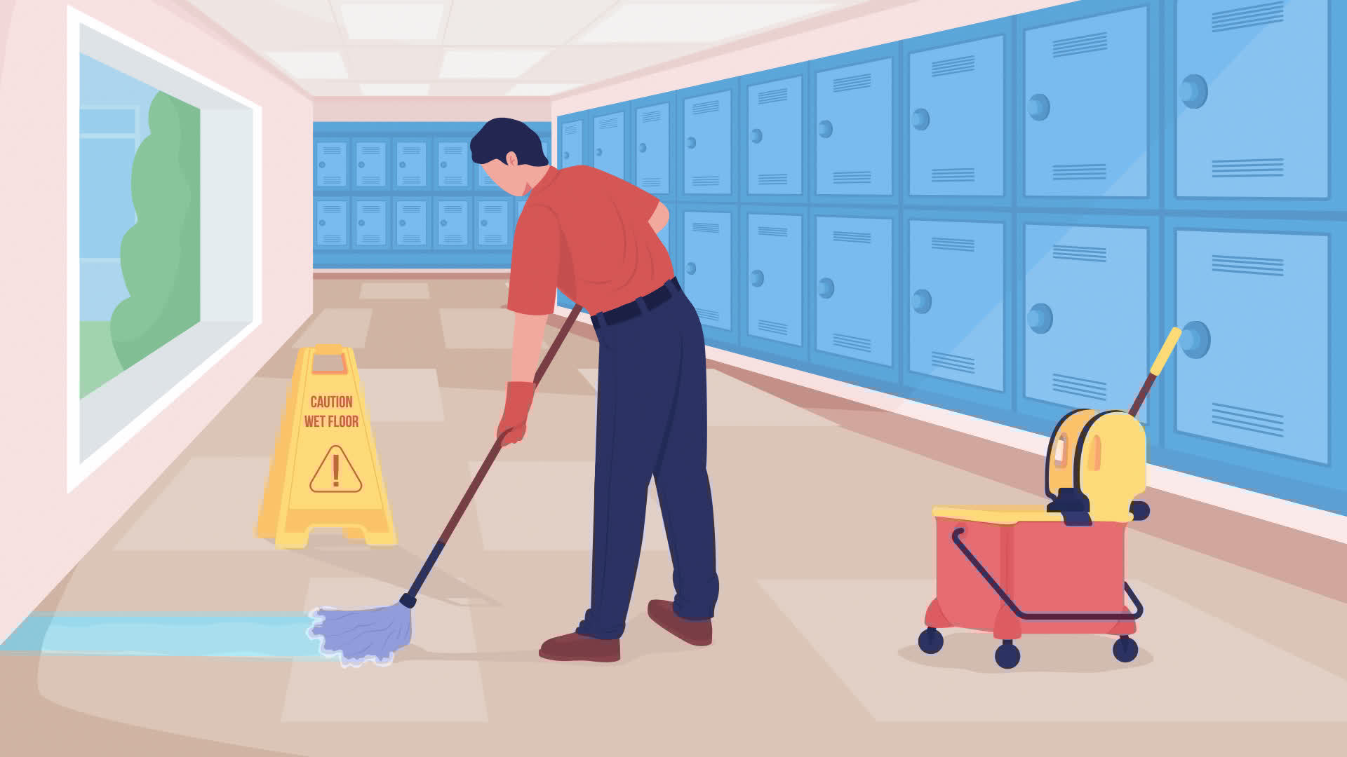 Animated school janitor in hallway. Male custodian mopping floor in