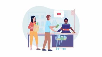 paiement animé à la caisse enregistreuse. séquences vidéo hd de personnages 2d plats en boucle. animation isolée colorée de service de supermarché sur fond blanc avec transparence de canal alpha pour site Web, médias sociaux video