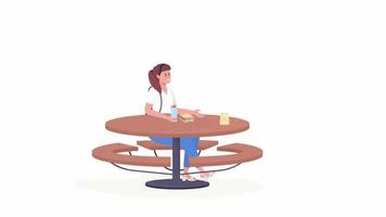 Animated relaxing during lunch. School cafeteria. Full body flat person on white background with alpha channel transparency. Colorful cartoon style HD video footage of character for animation