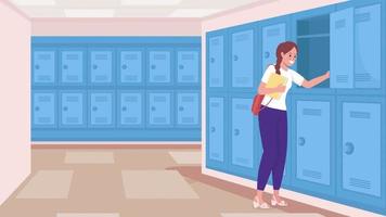 Animated girl putting book in locker. Schoolgirl taking out textbook from cabinet. Looped flat color 2D cartoon characters animation with school environment on background. HD video with alpha channel