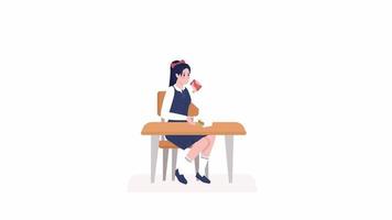 Animated schoolgirl drinking juice. Lunchtime at school. Full body flat person on white background with alpha channel transparency. Colorful cartoon style HD video footage of character for animation